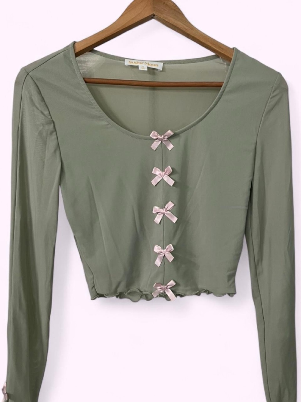 Olive Green Long Sleeve Crop Top with Pink Bows, Small